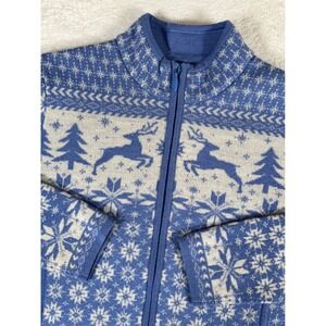 Icelandic Design Wool Cardigan Blue Reindeer Fair Isle Full Zip Sweater Womens M